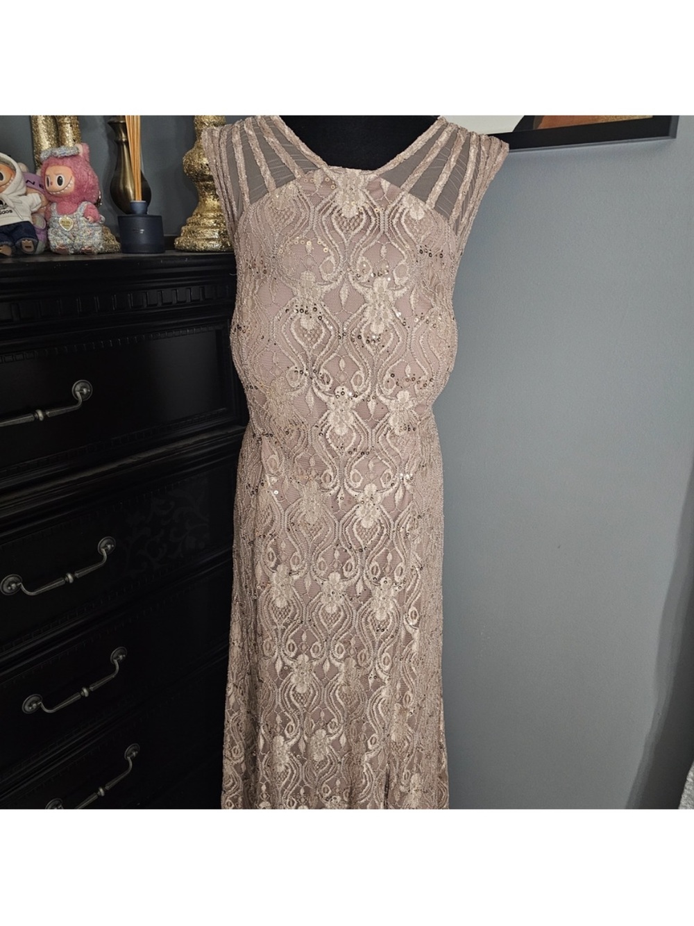 R&M Richards Blush Lace Sequin Evening Dress